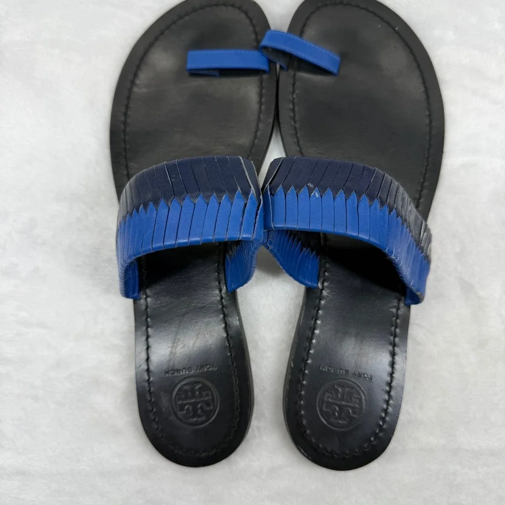 Tory Burch Blue Woven Leather‎ Toe Ring Slide Flat Sandals Womens 8.5 Estimated